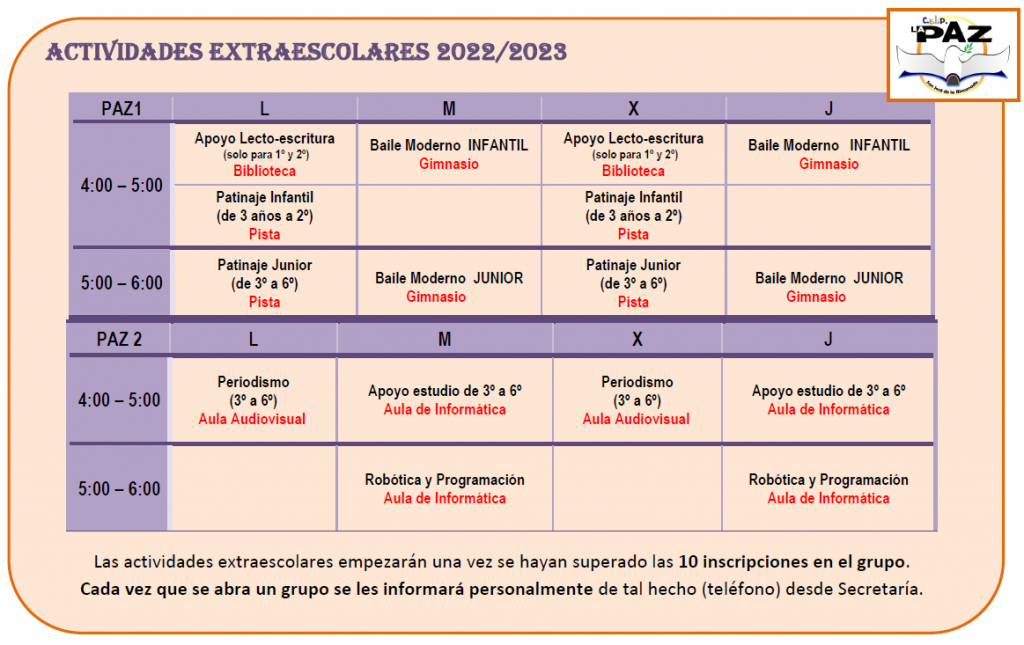 ACTIV EXTRAESCOLARES CUADRANTE